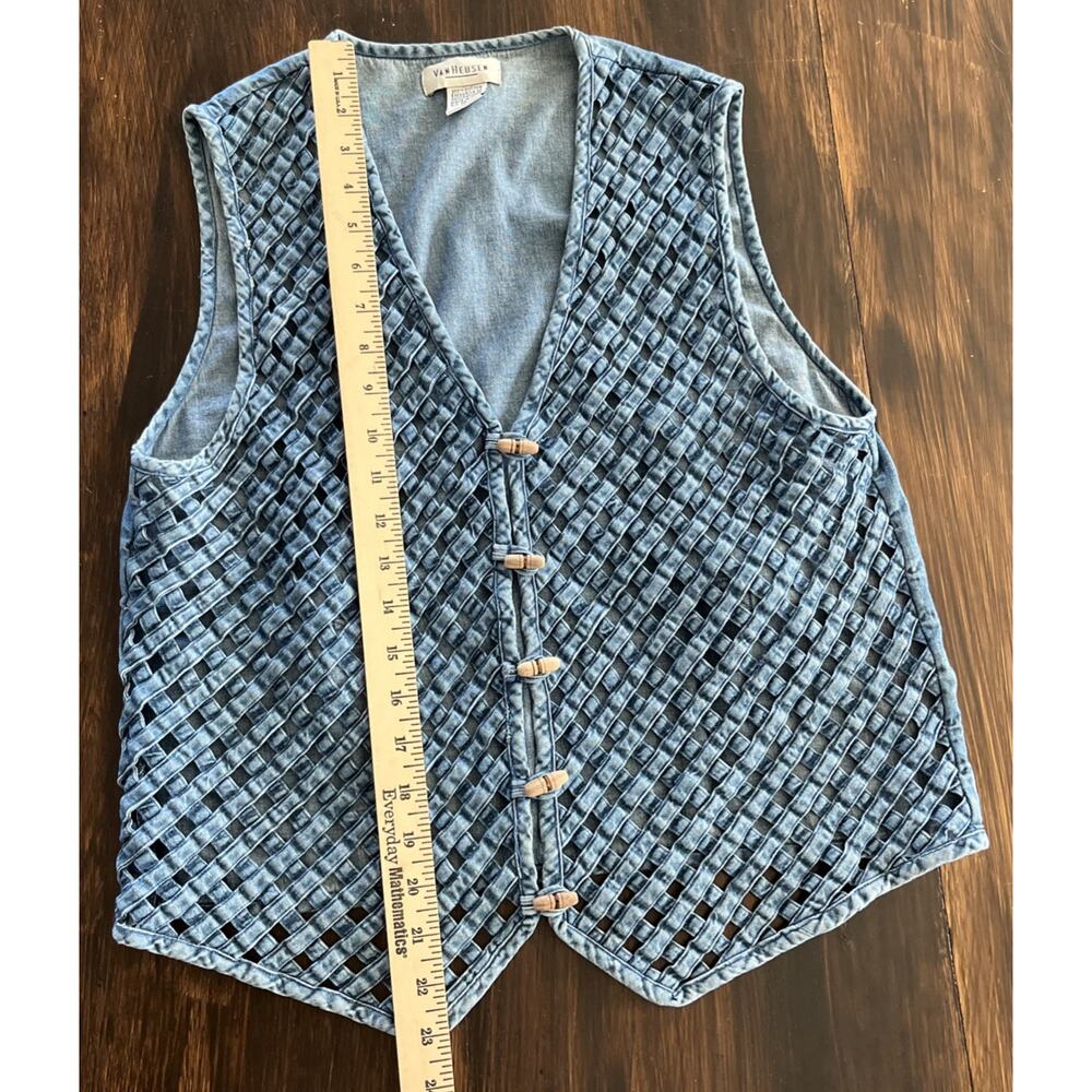 Vintage Woven Lattice Denim Vest Wood Toggle Button Boho Cowgirl Cottagecore M - Picture 10 of 13